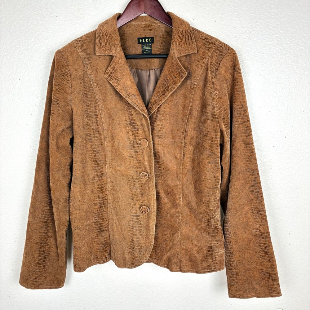 Y2K 90s Vintage Jacket Sz M Suede Boho Animal Print Blazer Brown Work Office